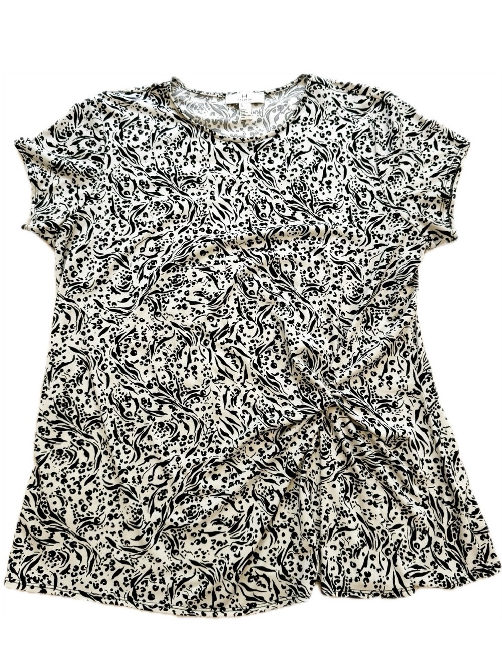 Halston Heritage Black and White Printed Twist-Front Short Sleeve Top